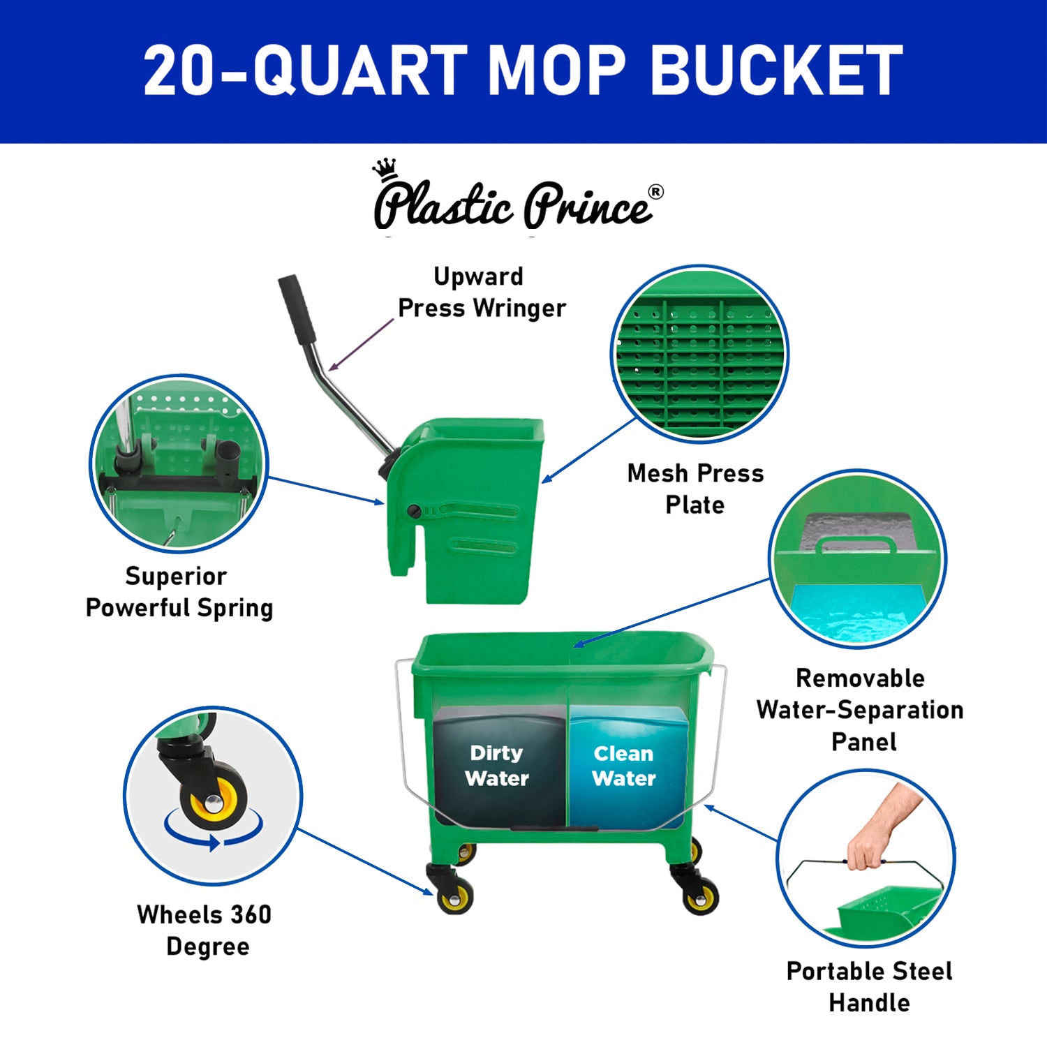 20-QT Upward Press Mop Bucket and Wringer, Green