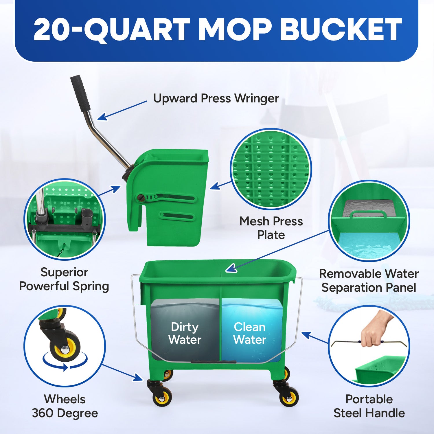 20-QT Upward Press Mop Bucket and Wringer, Green