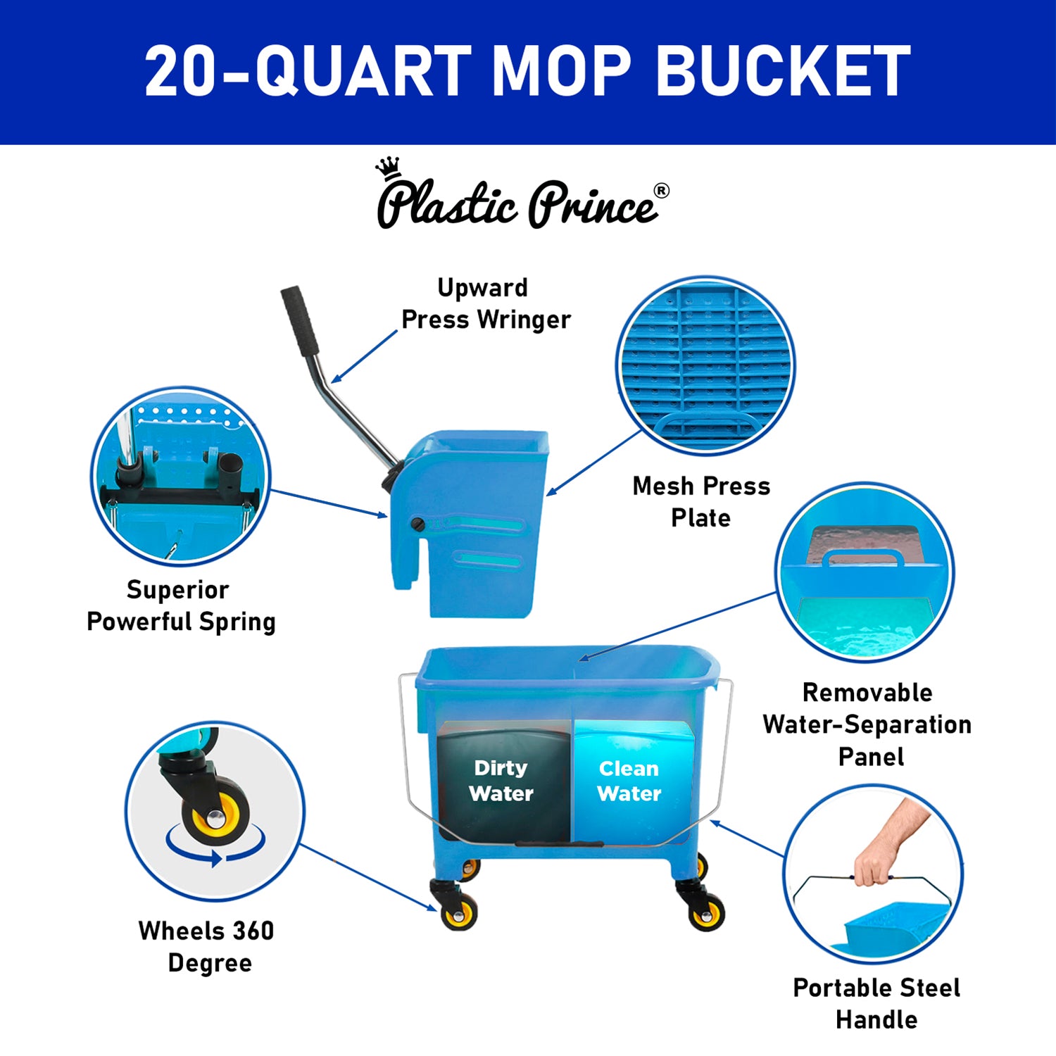 20-QT Upward Press Mop Bucket and Wringer, Blue