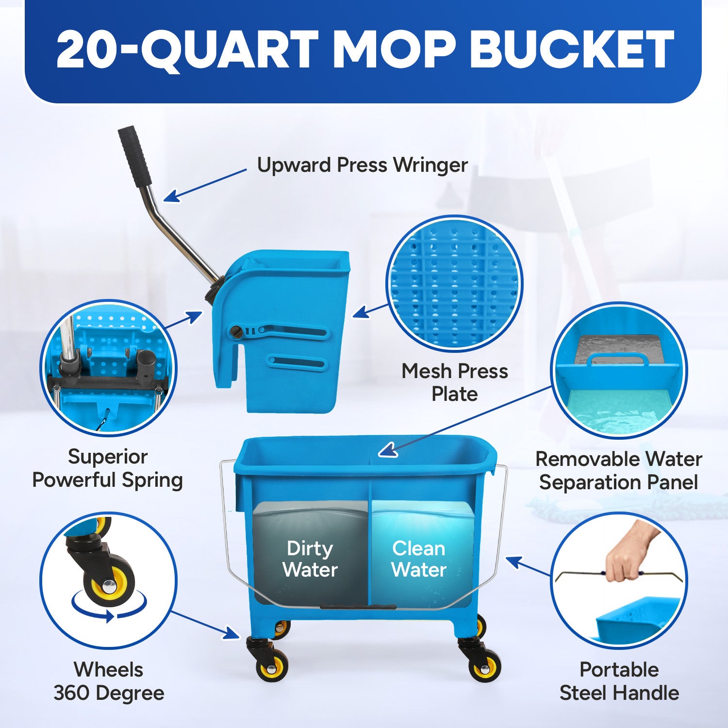 20-QT Upward Press Mop Bucket and Wringer, Blue