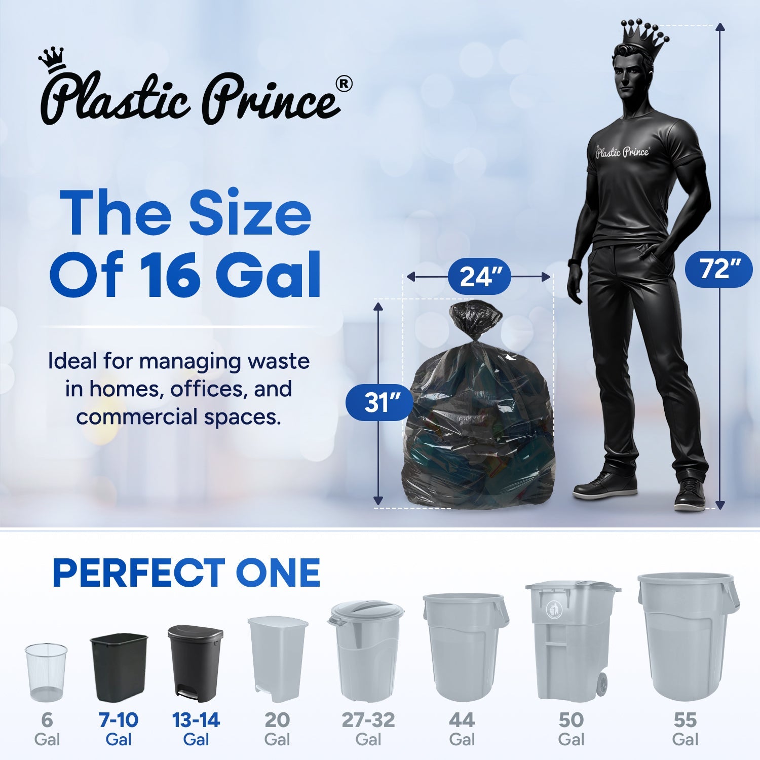 24" x 31", 16 Gallon, 8 Mic, Black High-Density Can Liners, 1000/Case