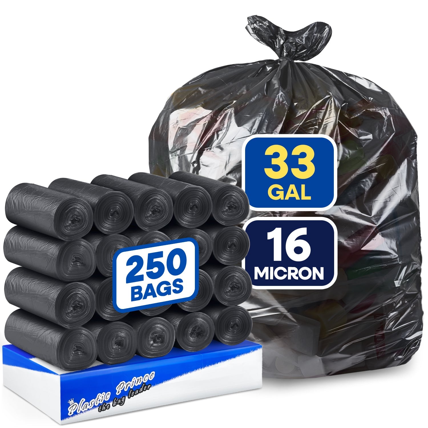 33" x 40", 33 Gallon, 16 Mic, Black High-Density Can Liners, 250/Case