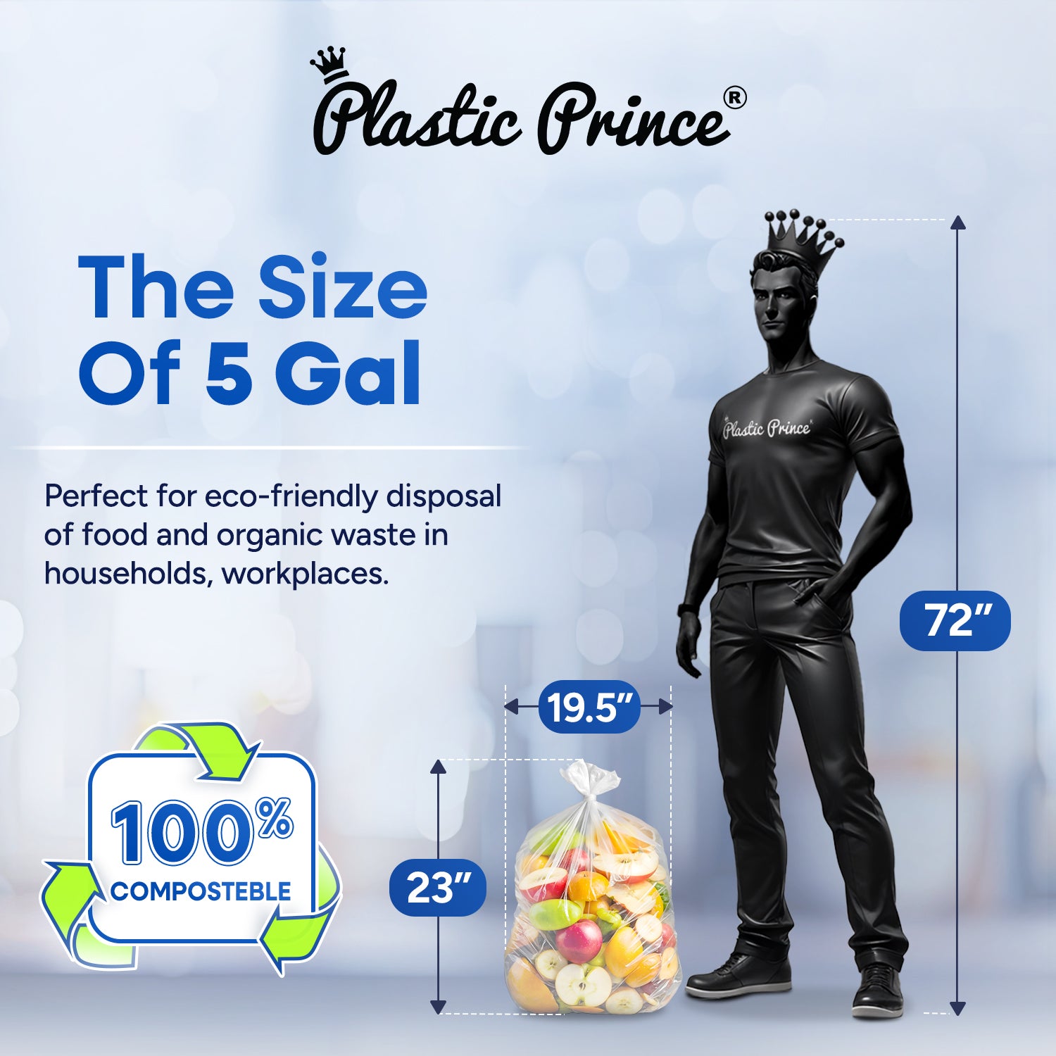 19.5" x 23", 5 Gallon, 0.7 Mic, Clear Compostable Can Liner, 12 Rolls of 25/Roll, 300/Case