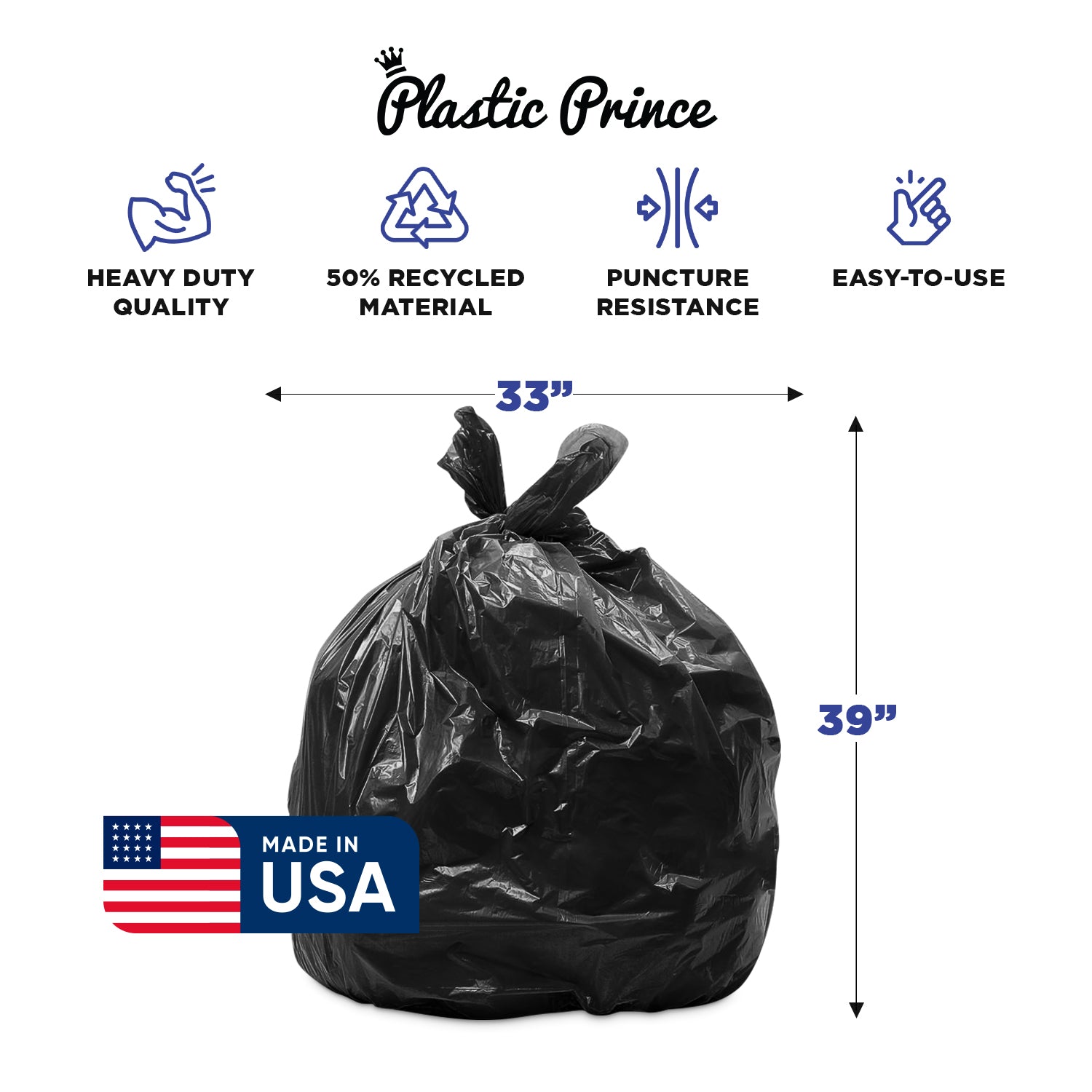 23" x 10" x 39" 33 Gal 1.3 Mil Black Recycling Bags, 100/Case
