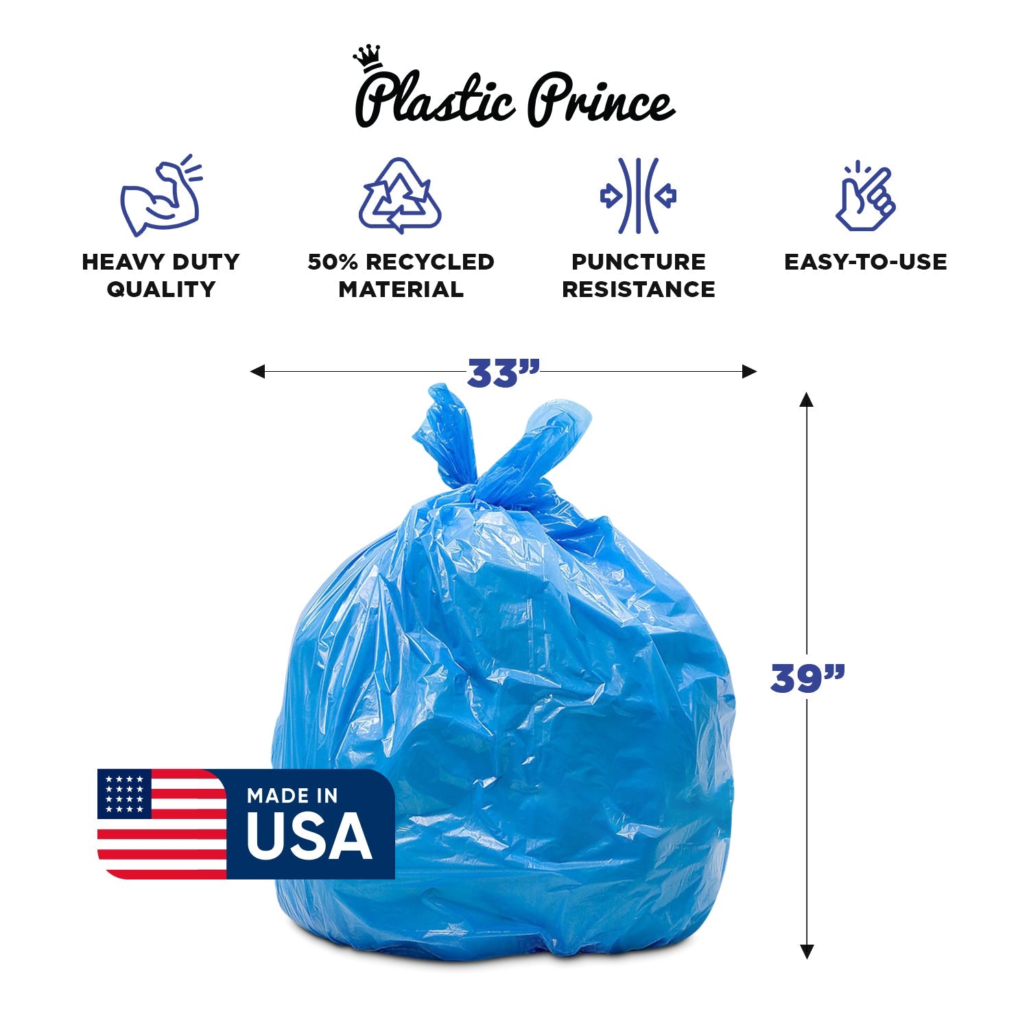 23" x 10" x 39" 33 Gal 1.5 Mil Blue Recycling Bags, 100/Case