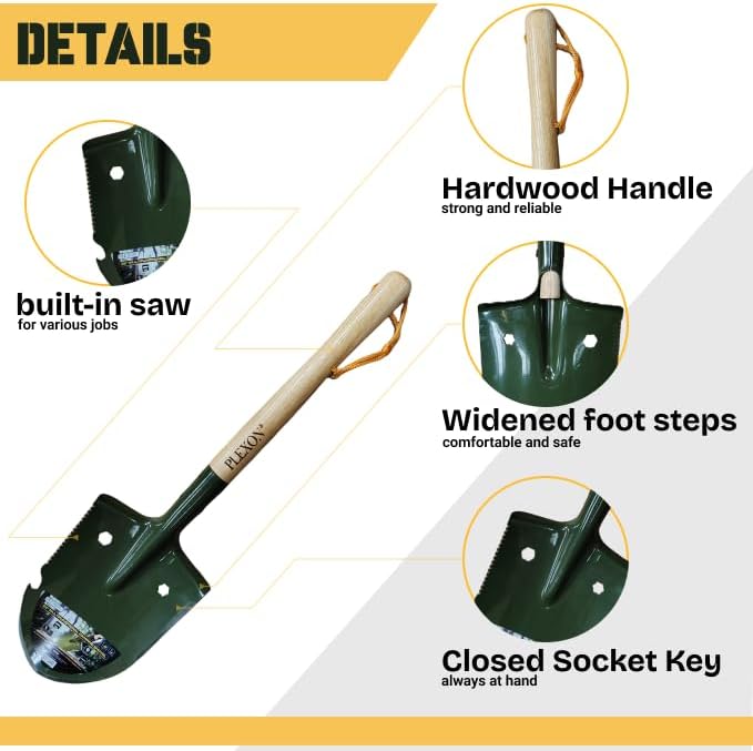 27" Multifunctional Camping Shovel with Saw, Bottle Opener, Side Blade & Hexagonal Wrench