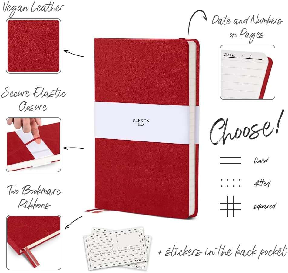 Red A5 Hardcover Vegan Leather Dotted Notebook with 120 gsm Cream Paper and Gift Box, 80 Sheets - 3