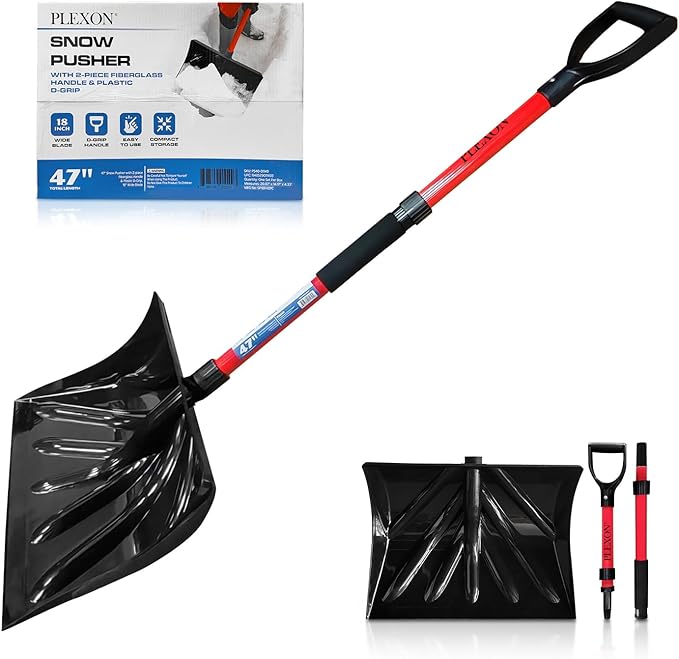 47" Snow Pusher with 2-piece Fiberglass Handle & Plastic D-Grip, 18" Wide Blade