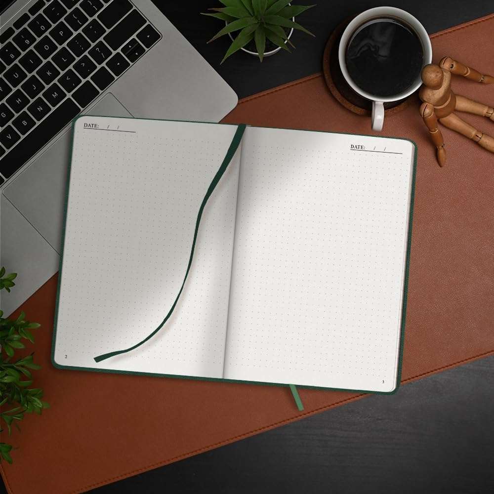 Emerald Green A5 Hardcover Vegan Leather Dotted Notebook with 120 gsm Cream Paper and Gift Box, 80 Sheets - 5