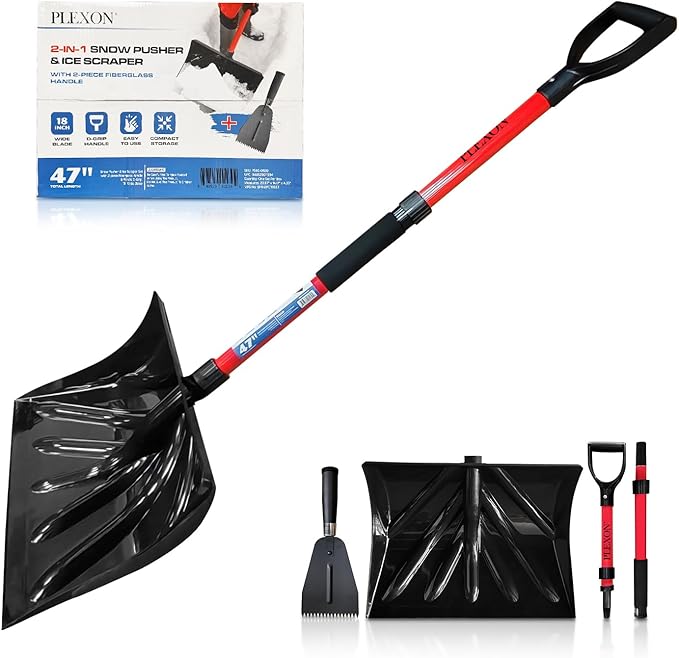 47" Snow Pusher & Ice Scraper Set with 2-piece Fiberglass Handle & Plastic D-Grip, 18" Wide Blade
