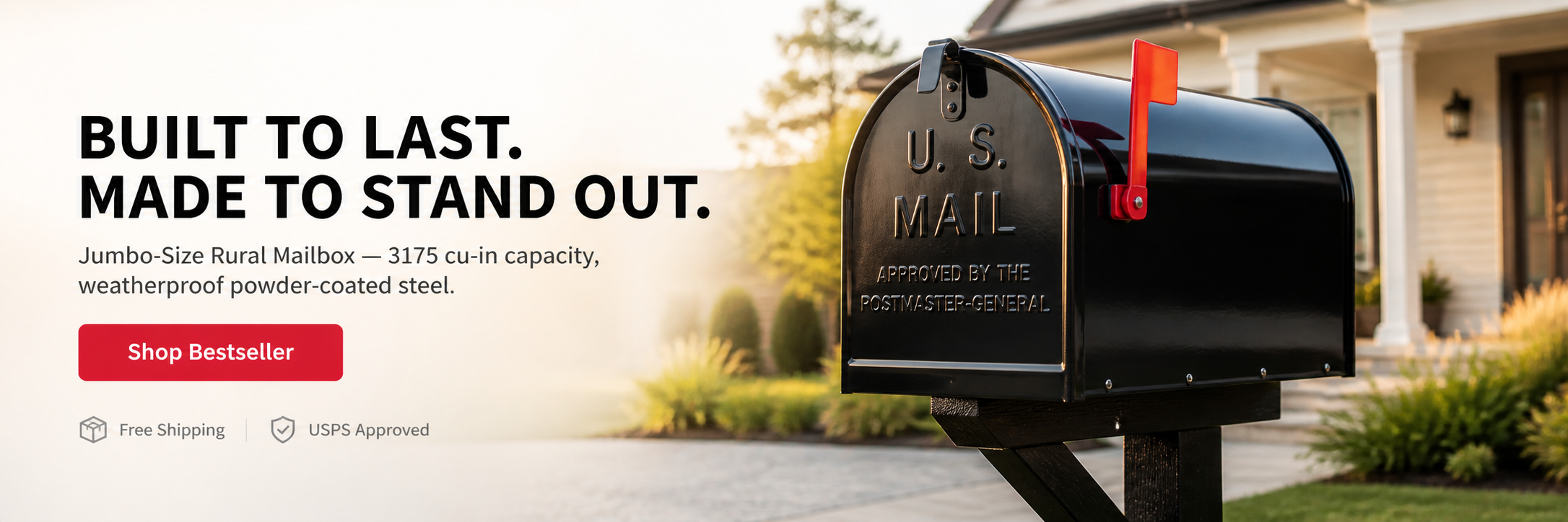 Black jumbo rural mailbox with red flag on post in modern suburban yard at sunset, Office Chase weatherproof steel mailbox hero banner
 