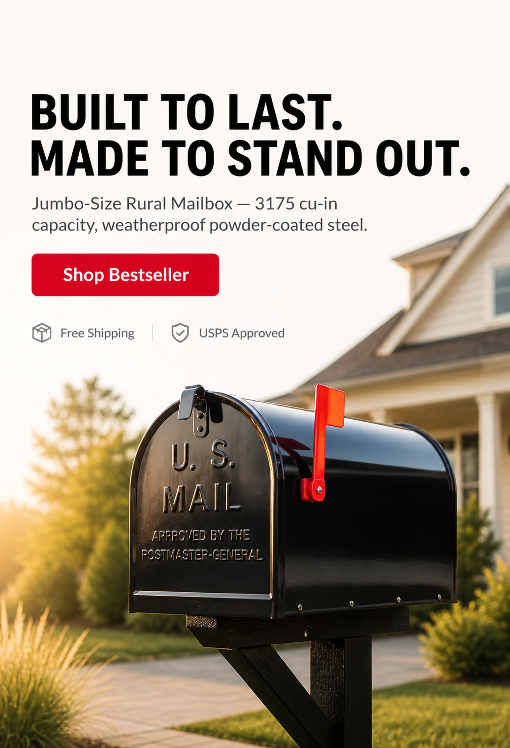 Close-up of black jumbo rural mailbox with raised red flag in front of house, durable powder-coated steel mailbox by Office Chase