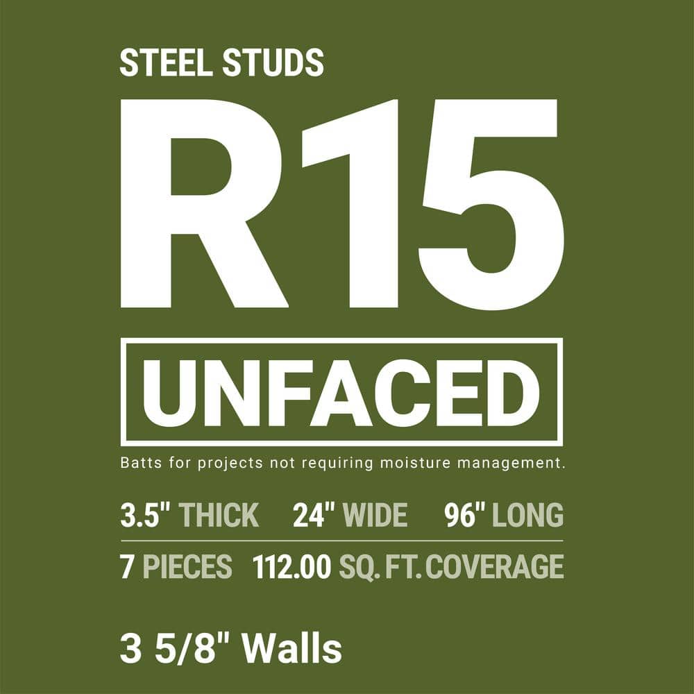 R-15 Unfaced Fiberglass Insulation Batt 24 in. W x 96 in. L x 3.5 in. T