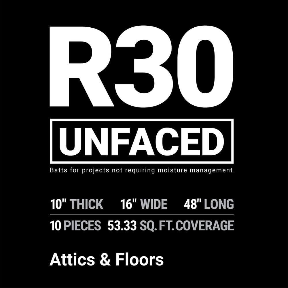 R-30 Unfaced Fiberglass Insulation Batt 16 in. x 48 in. (1 Bag)