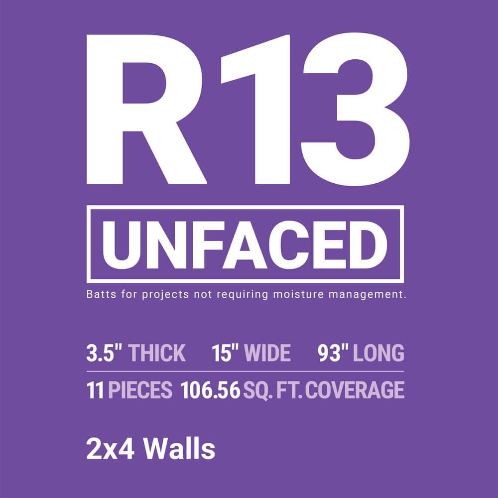 R-13 Unfaced Fiberglass Insulation Batt 15 in. x 93 in. (1 Bag)