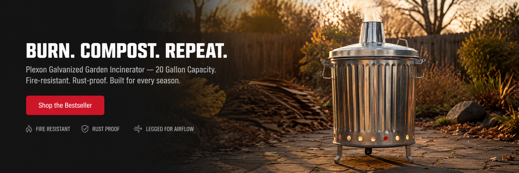 Plexon galvanized steel garden incinerator standing on a backyard patio at golden hour with soft smoke rising from the chimney, glowing ventilation holes, autumn leaves, and promotional text “Burn. Compost. Repeat.”
