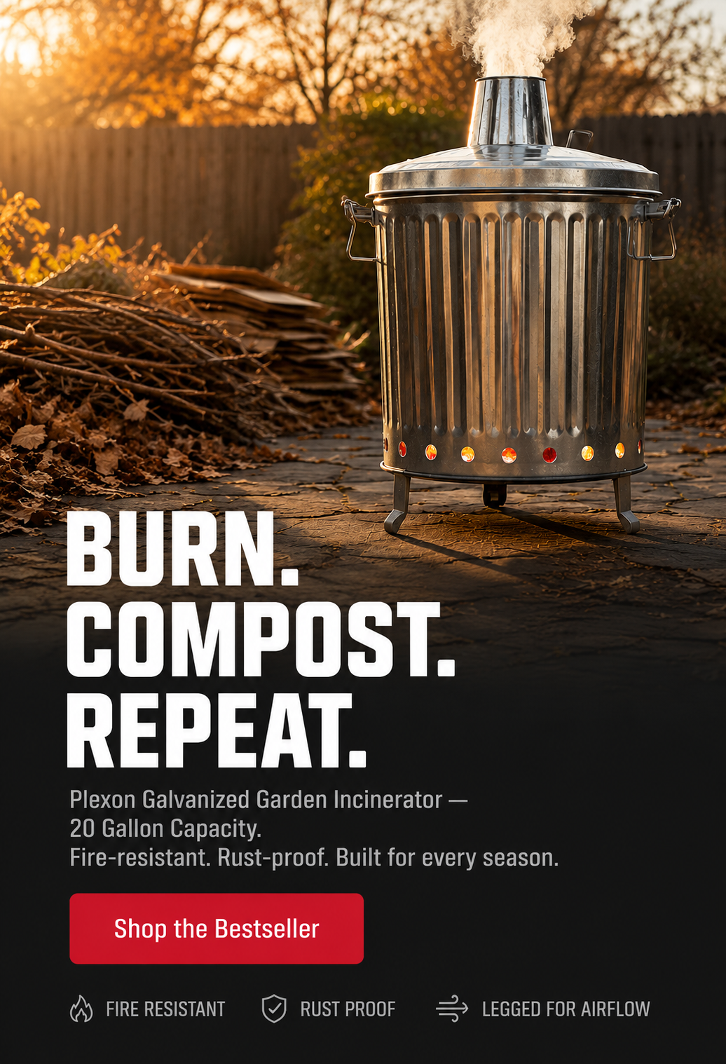 Mobile promotional banner featuring a Plexon galvanized garden burning bin in a warm autumn backyard setting with glowing embers, smoke from the chimney, and bold headline text “Burn. Compost. Repeat.”