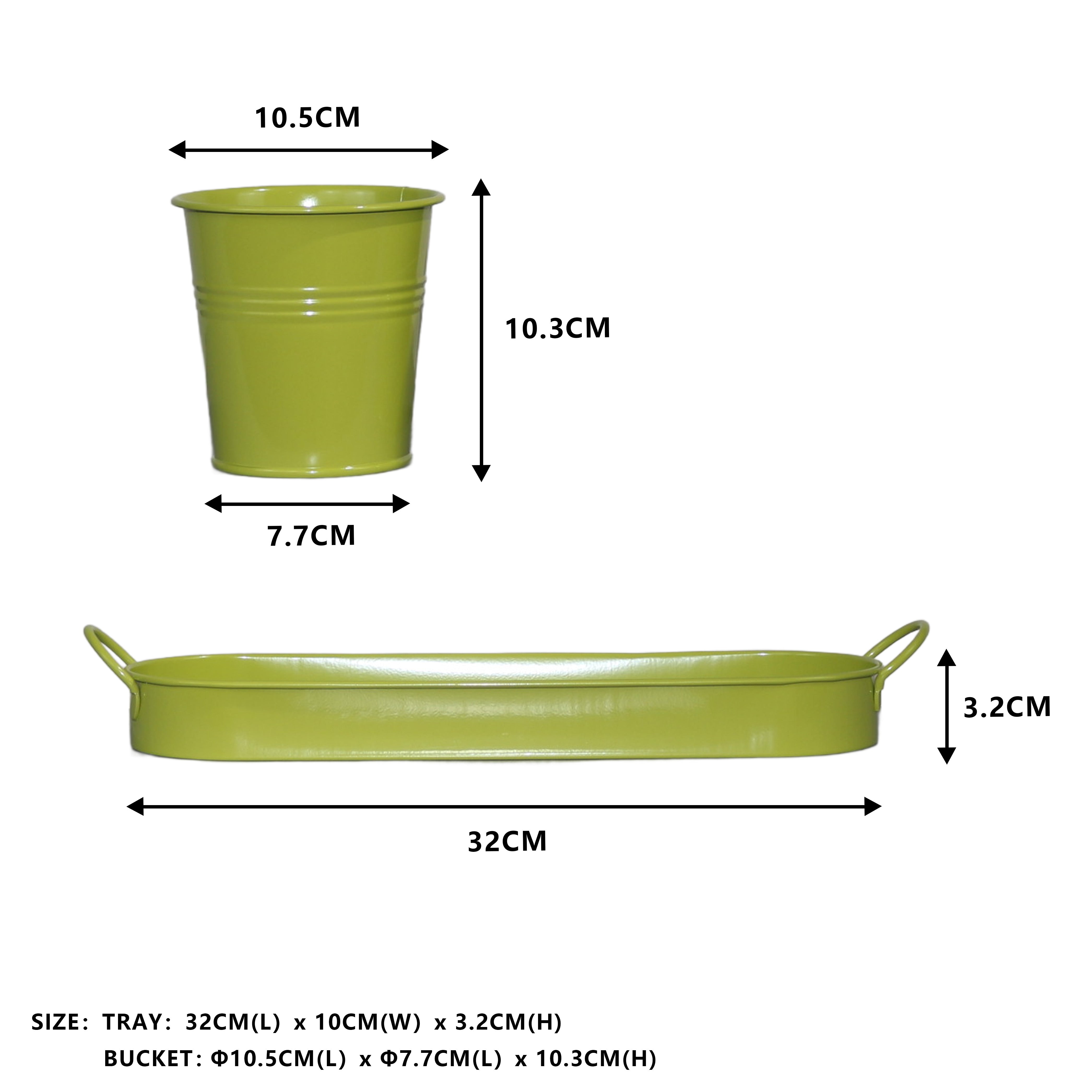 Set of 3 Green Metal Garden Planters with Tray