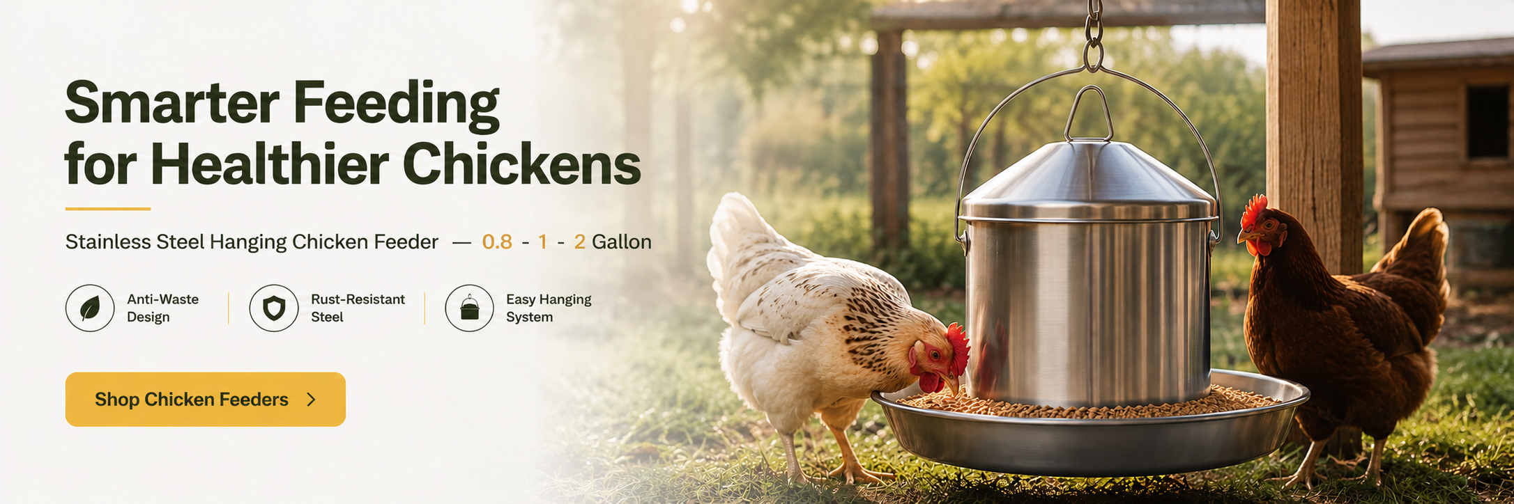 Stainless steel hanging chicken feeder 2 gallon with chickens feeding in backyard farm, anti-waste durable poultry feeder