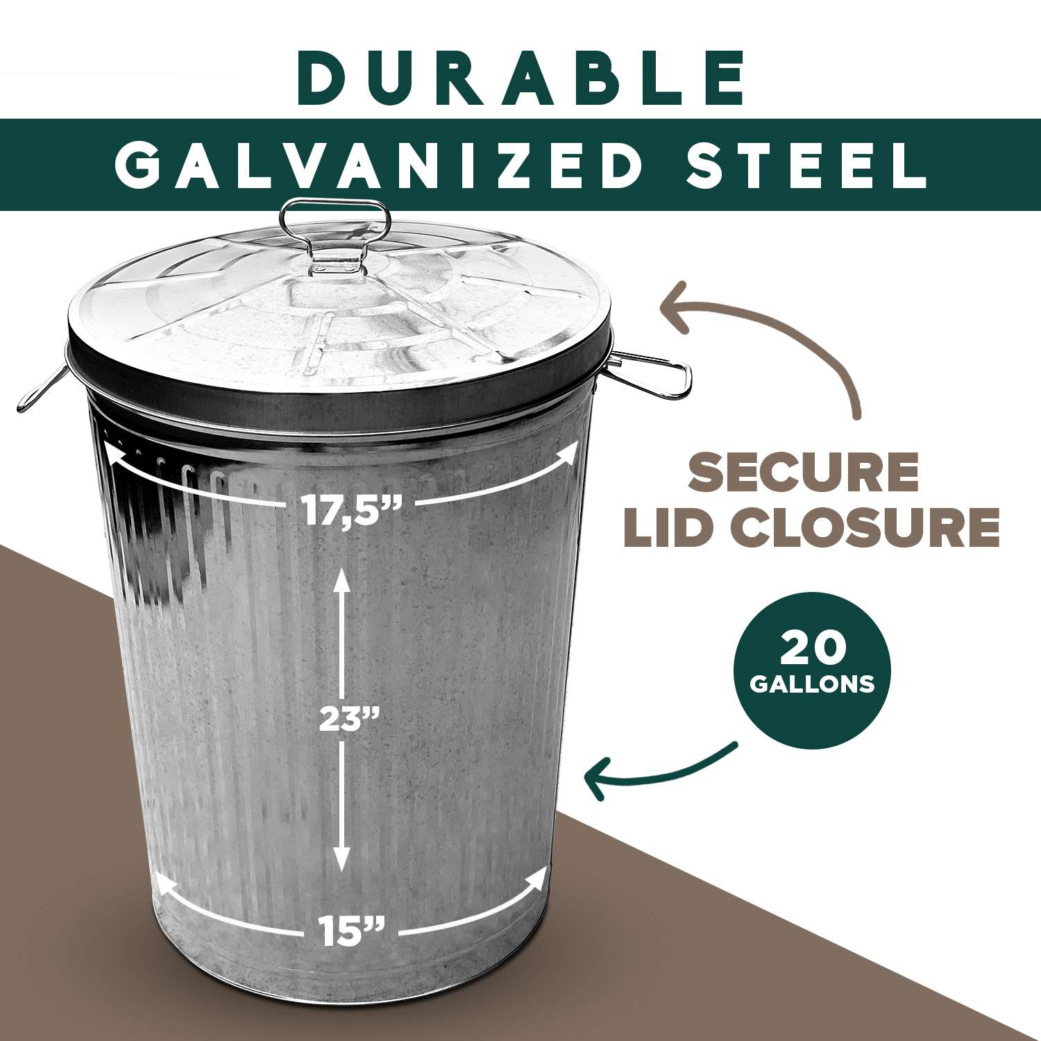 20-Gallon Shiny Galvanized Steel Round Fire Resistant Trash Can with Lid - 2