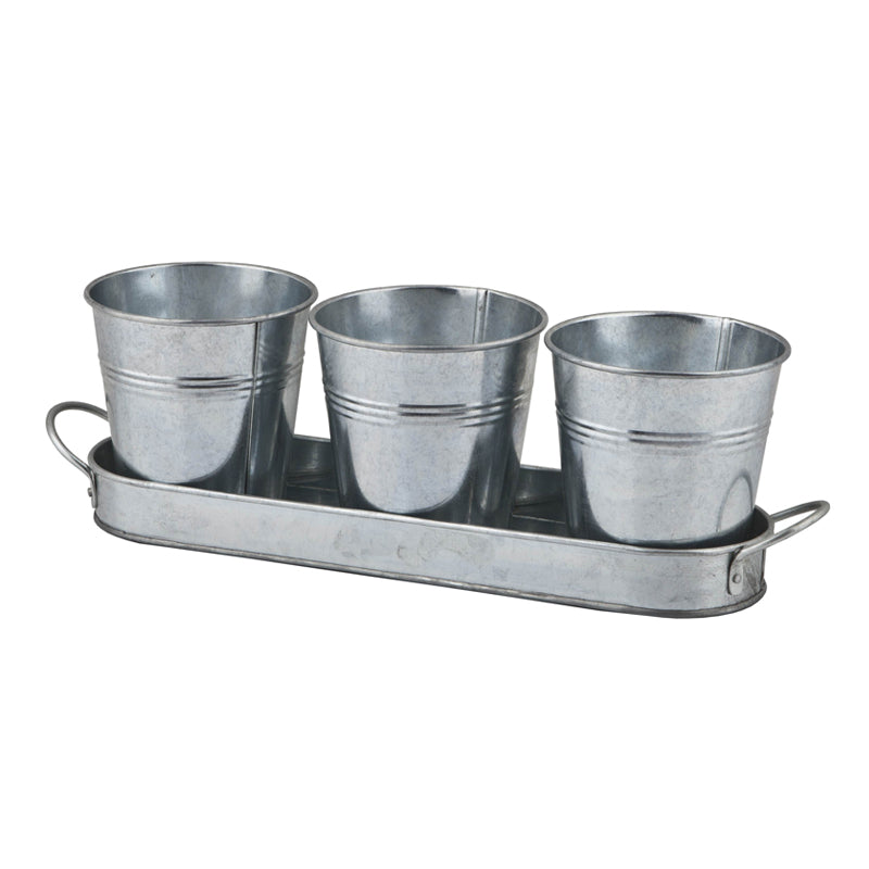 Set of 3 Galvanized Metal Garden Planters with Tray