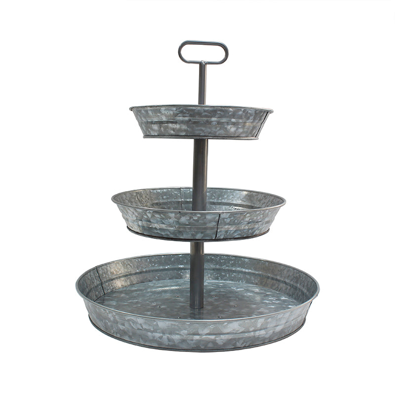 3 Tier Galvanized Metal Round Serving Tray with Slanted Sides