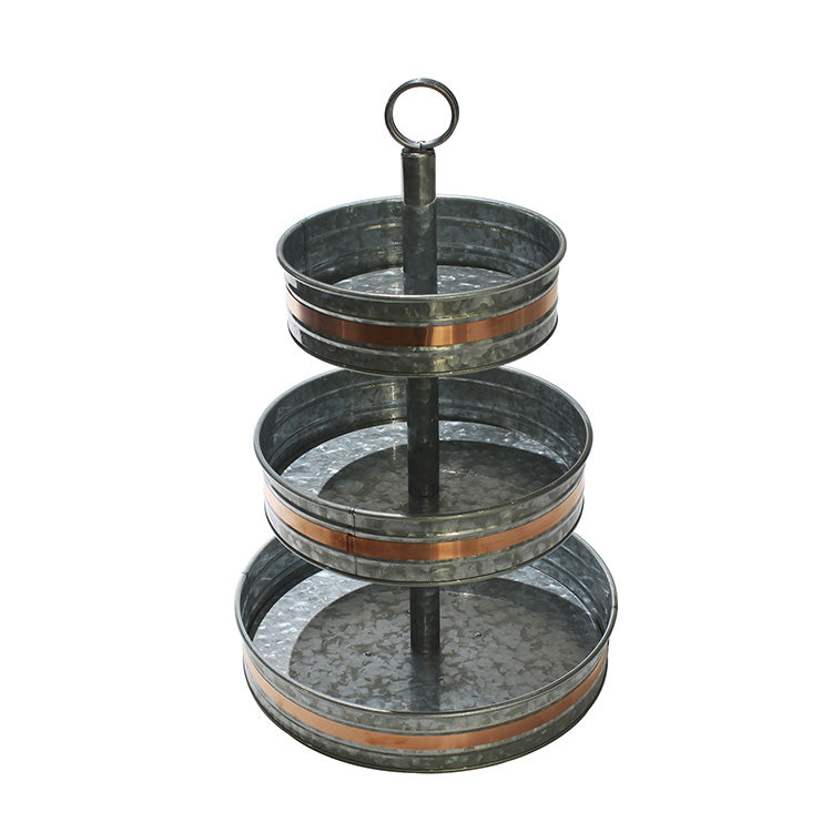 3 Tier Galvanized Metal Round Serving Tray with Golden Welt