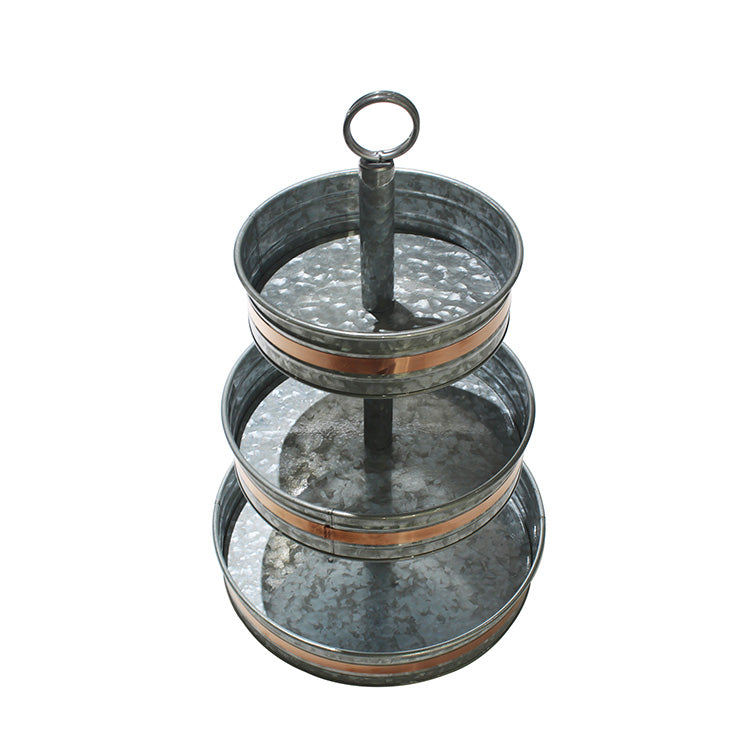 3 Tier Galvanized Metal Round Serving Tray with Golden Welt