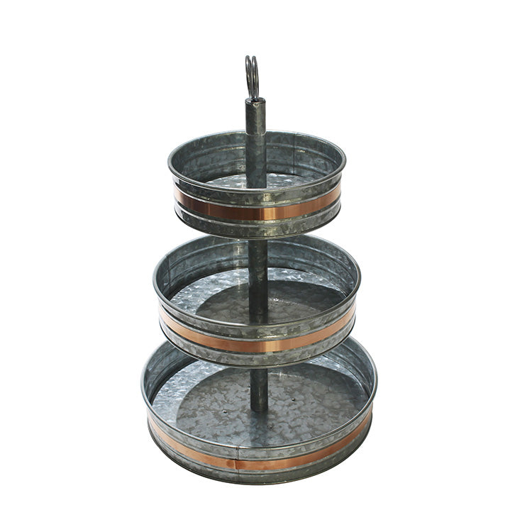 3 Tier Galvanized Metal Round Serving Tray with Golden Welt