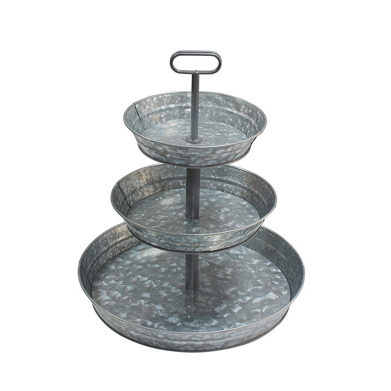 3 Tier Galvanized Metal Round Serving Tray with Slanted Sides