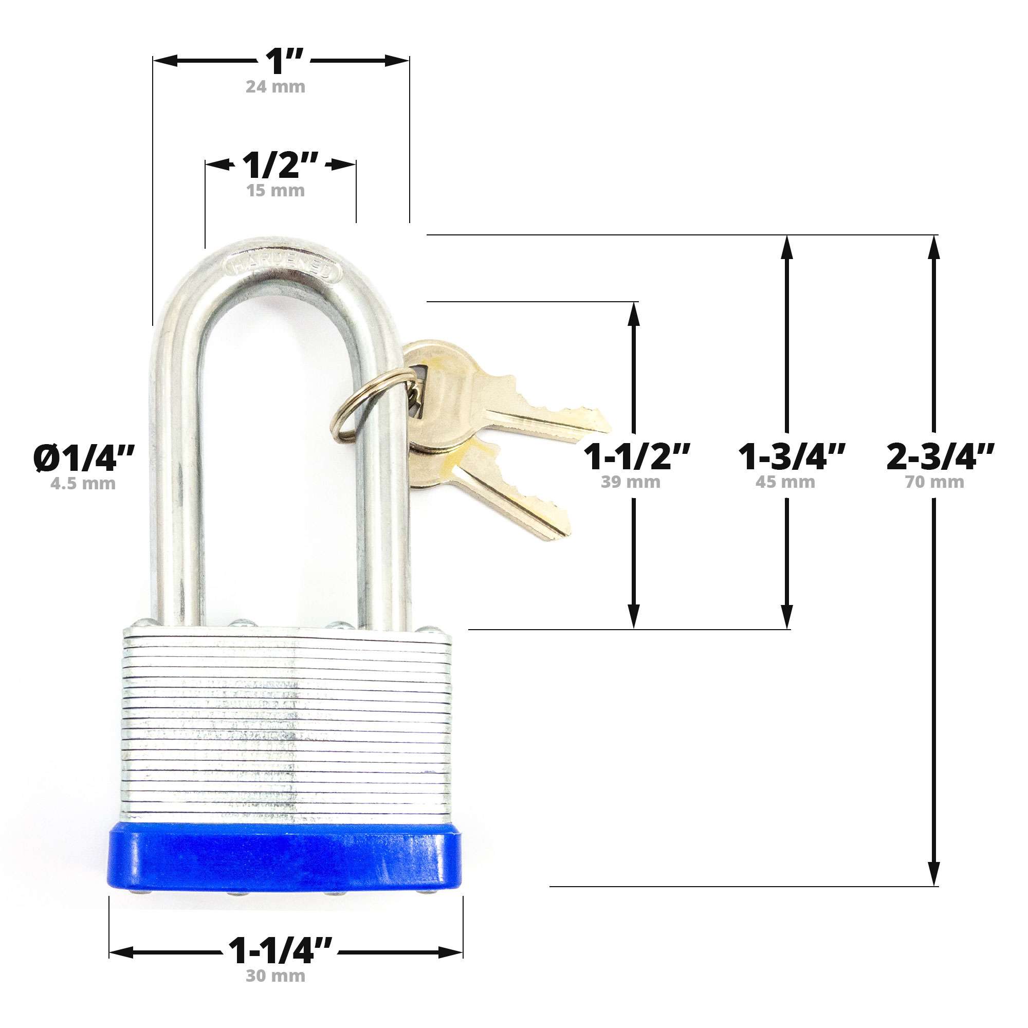 1-1/4" (30mm) Long Shackle Laminated Padlock, Brass Cylinder with 2 Keys - 5