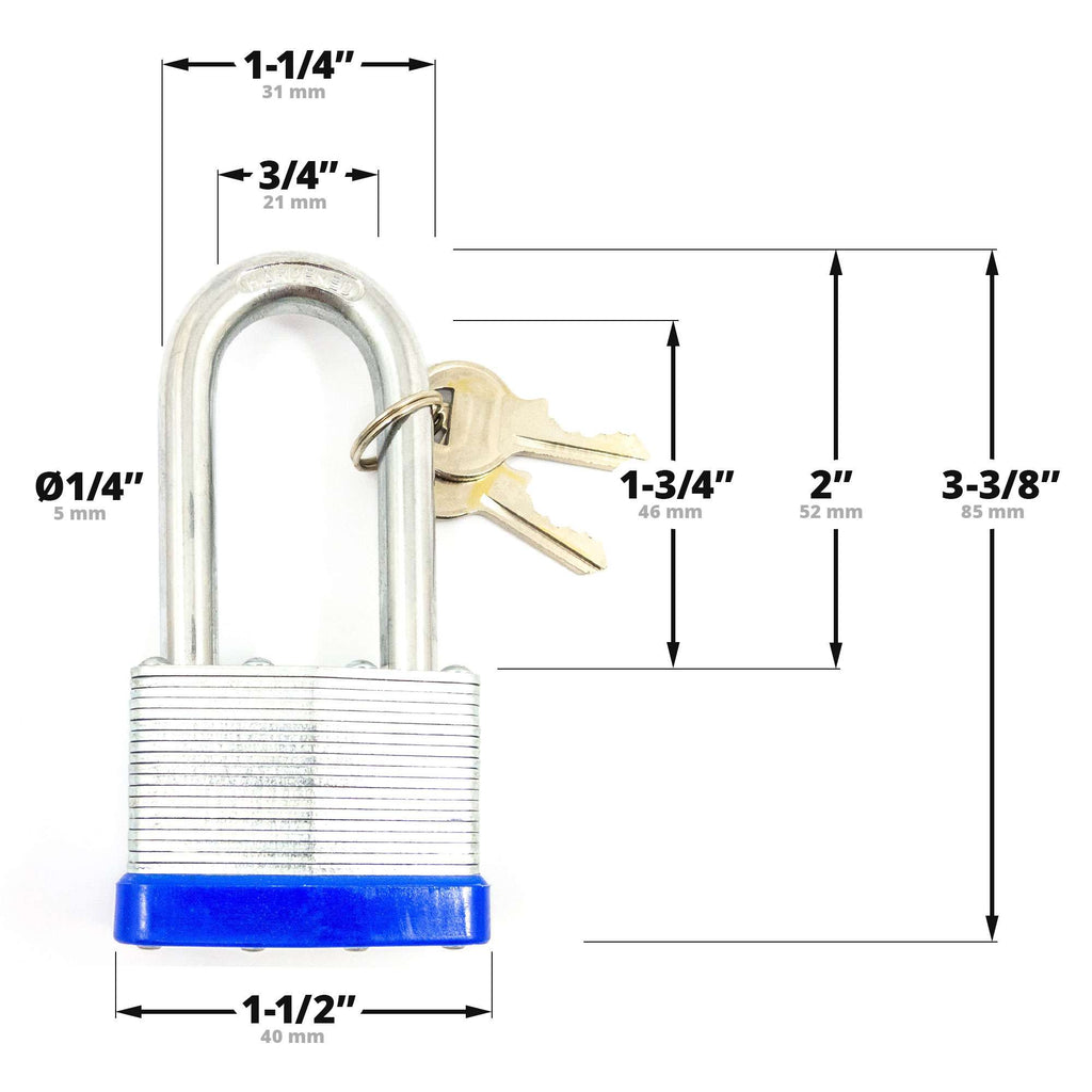1-5/8" (40mm) Long Shackle Laminated Padlock, Brass Cylinder with 2 Keys - 5