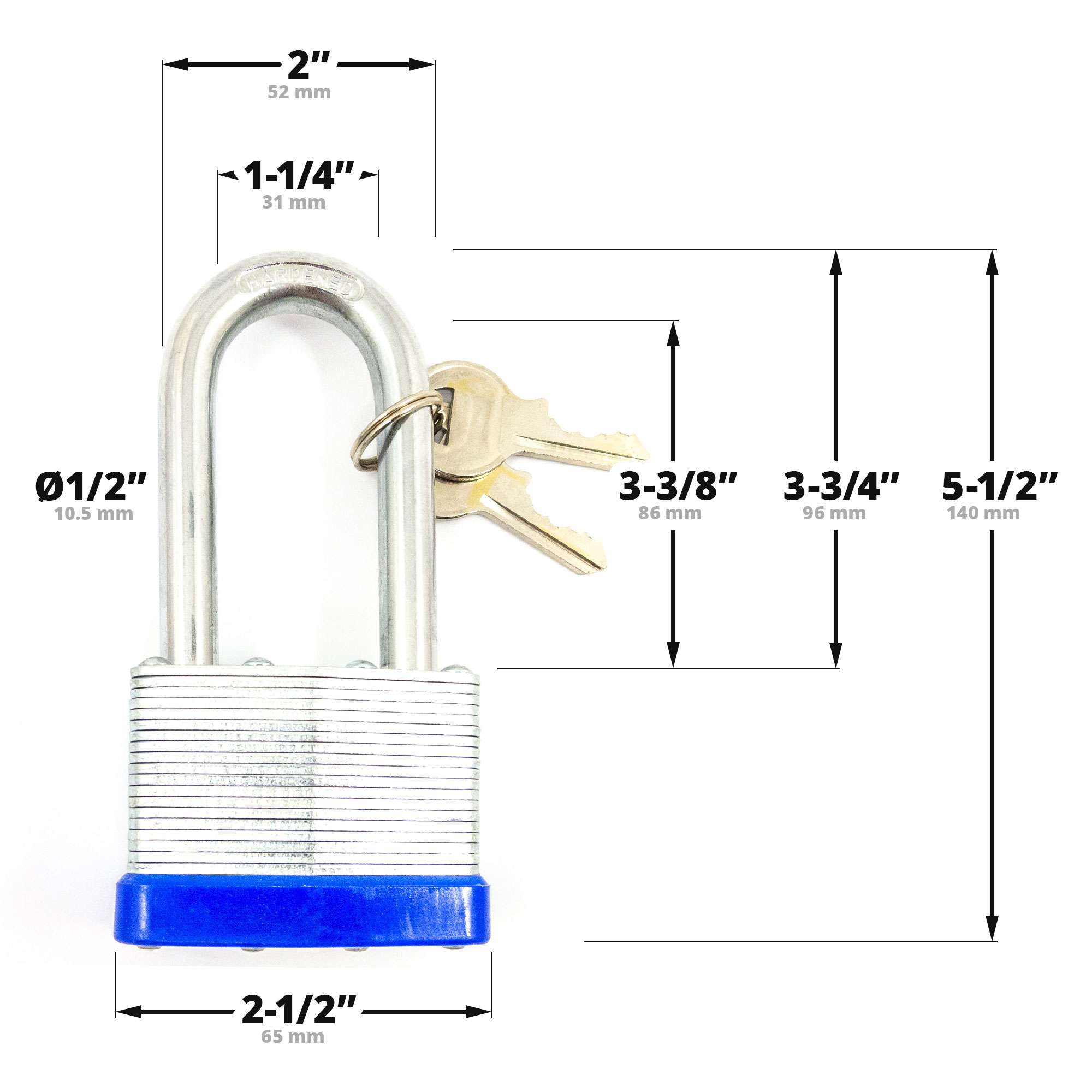 2-5/8" (65mm) Long Shackle Laminated Padlock, Brass Cylinder with 2 Keys - 5