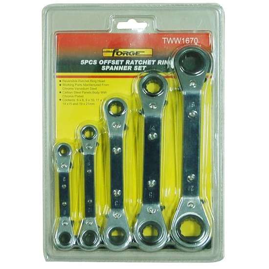 Chrome Vanadium Steel Offset Ratchet Ring Spanner Set, 5 Pieces - 1