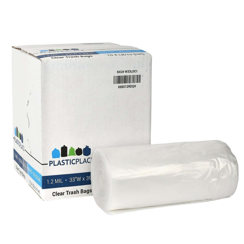 33" x 39" 33 Gal 1.2 Mil Clear Garbage Bags, 100/Case