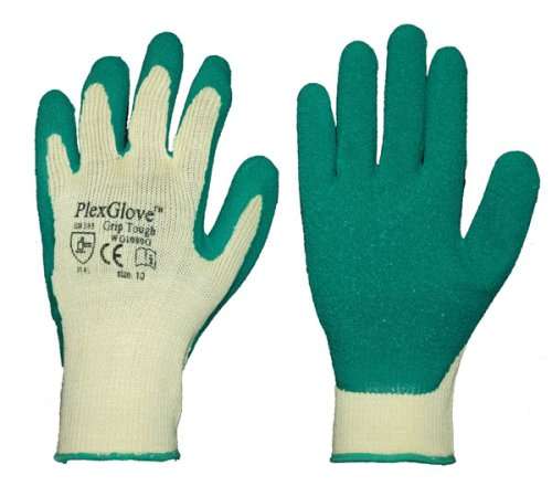 Size 10 Large Yellow Polyester Heavy Duty Non Slip Work Gloves with Green Latex Coated Palm, 144 Pairs/Case - 1