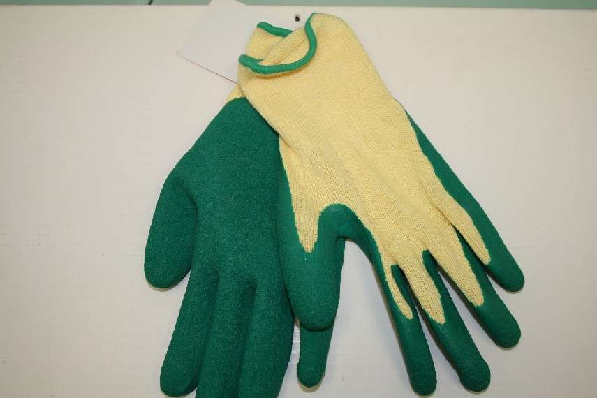 Size 10 Medium Yellow Polyester Heavy Duty Non Slip Work Gloves with Green Latex Coated Palm, 144 Pairs/Case - 1