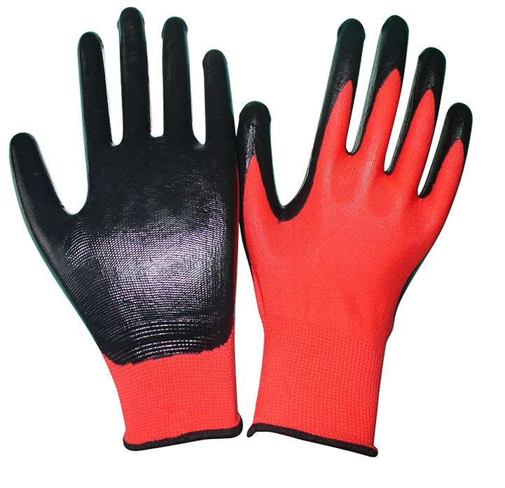 Red Nylon Work Gloves with Black Coated Palm, 12 Pairs - 1
