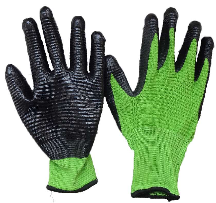 Green Nylon Work Gloves with Black Nitrile Ribbed, 12 Pairs - 1