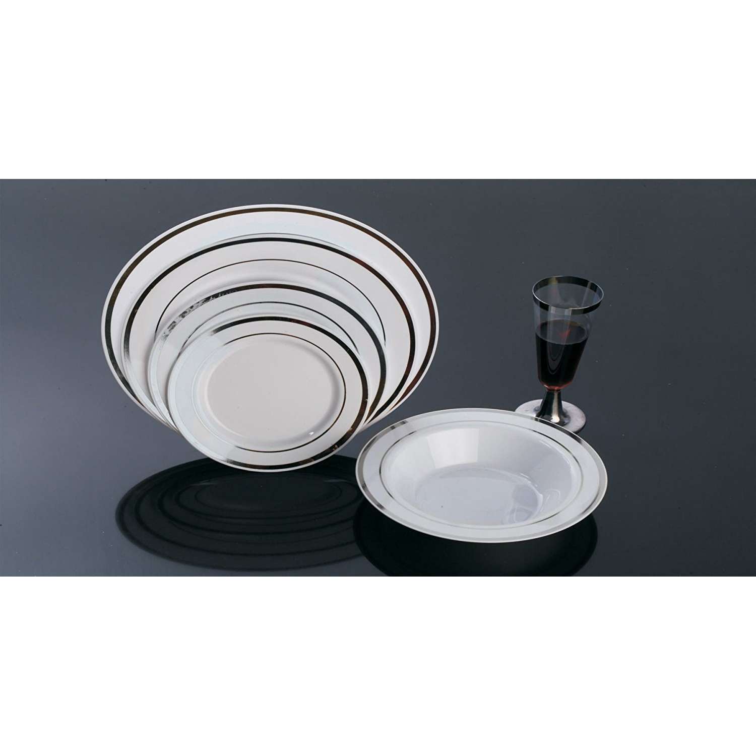 50-piece Set Round White Plates with Silver Rim, 20 Pieces 7.5", 15 Pieces 9", 15 Pieces 10.25", 4/Case - 2