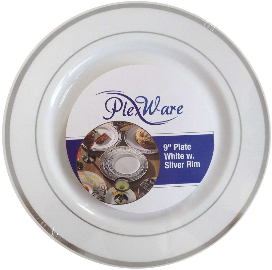 9" Round White Plates with Silver Rim, 10/Pack, 12/Case - 1