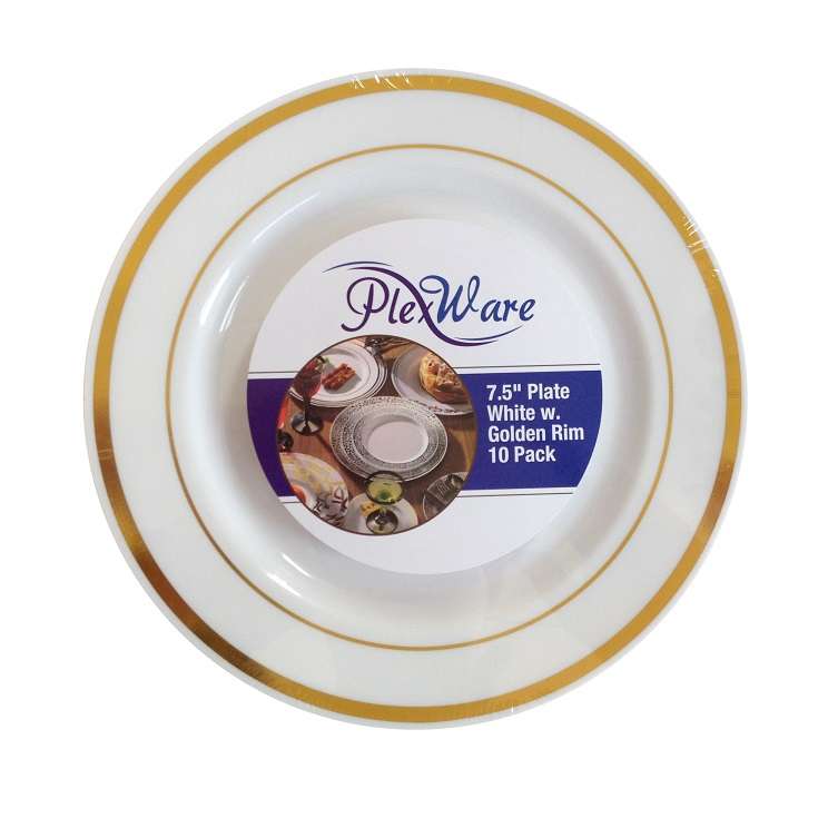 7.5" Round White Plates with Golden Rim, 10/Pack, 12/Case - 1