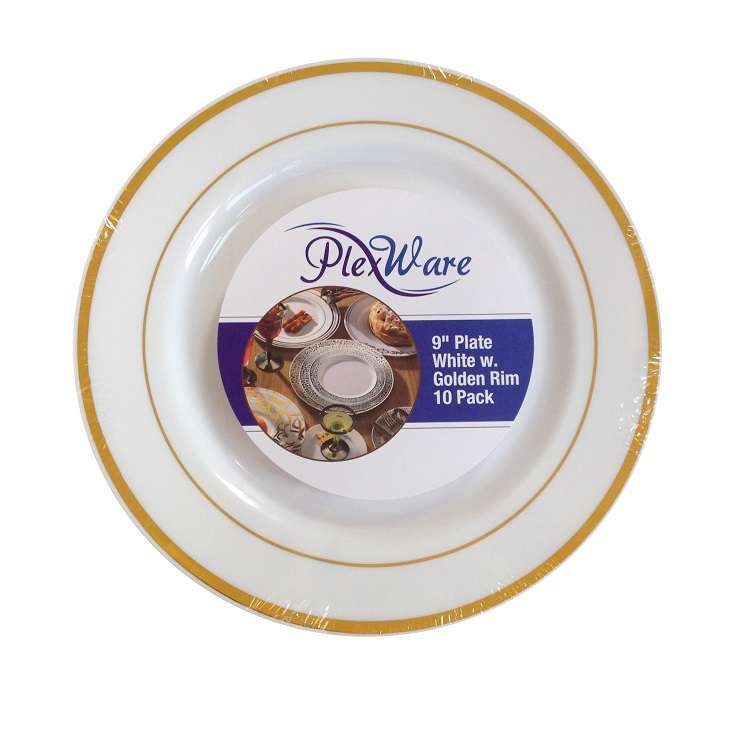 9" Round White Plates with Golden Rim, 10/Pack, 12/Case - 1