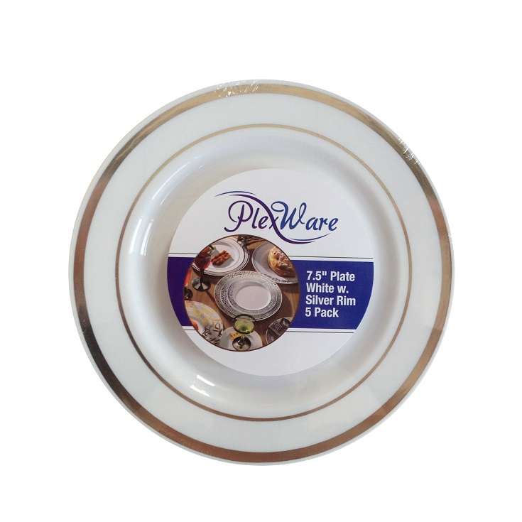 7.5" Round White Plates with Silver Rim, 5/Pack, 24/Case - 1