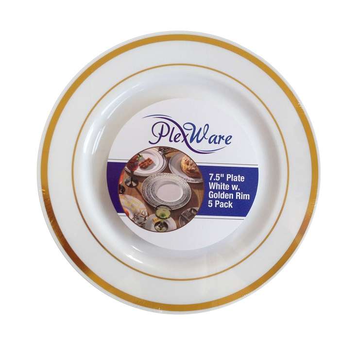 7.5" Round White Plates with Golden Rim, 5/Pack, 24/Case - 1