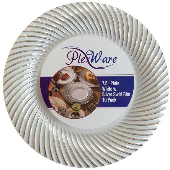 7.5" Round White Plates with Silver Swirl Rim, 10/Pack, 12/Case - 1