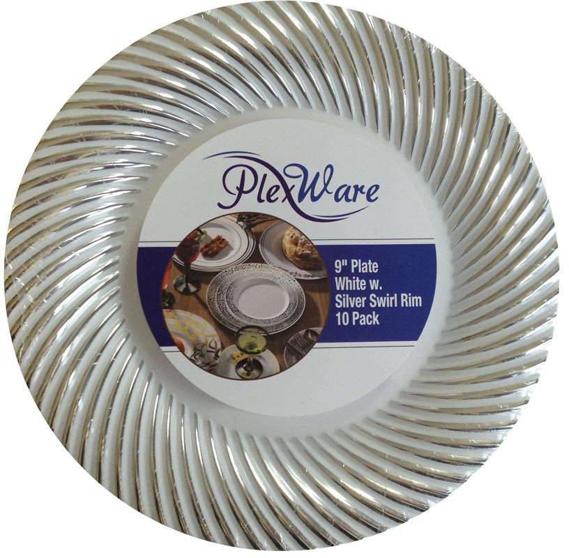 9" Round White Plates with Silver Swirl Rim, 10/Pack, 12/Case - 1