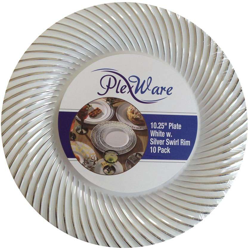 10.25" Round White Plates with Silver Swirl Rim, 10/Pack, 12/Case - 1