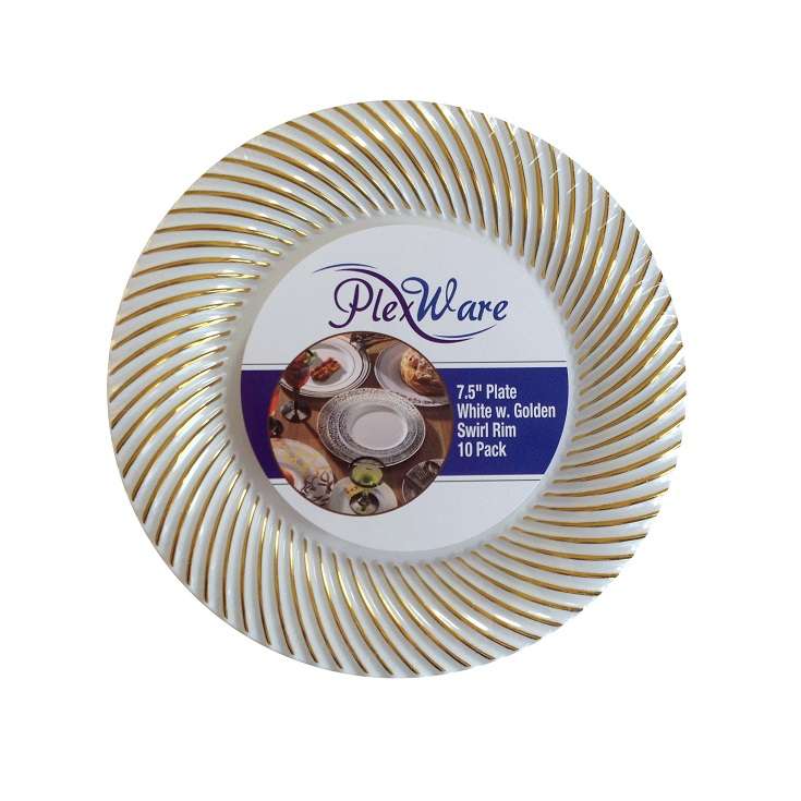 7.5" Round White Plates with Golden Swirl Rim, 10/Pack, 12/Case - 1