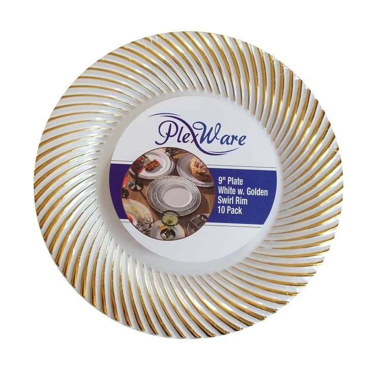 9" Round White Plates with Golden Swirl Rim, 10/Pack, 12/Case - 1